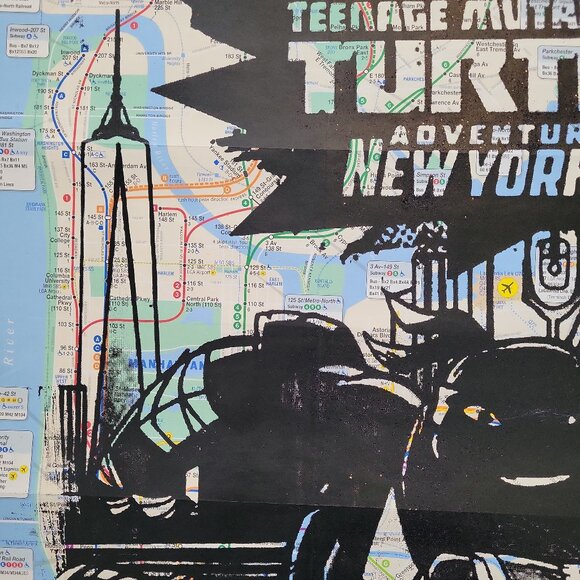 Handpainted Teenage Mutant Ninja Turtles Unique acrylic Art on a NYC Subway Map - Picture 3 of 9
